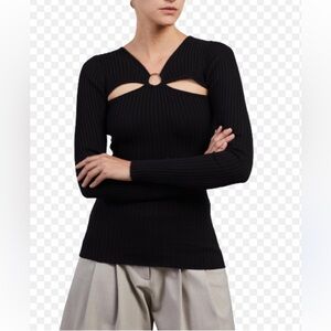 Anna Quan Black Knit Ribbed Body Con Laila Top Sz 6 Ring Detail  Quiet Luxury